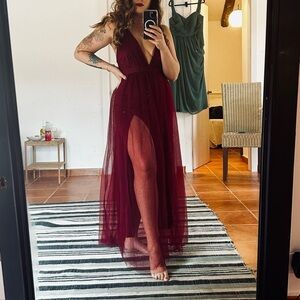 Rare Beauty Red Tulle Backless Maxi Dress